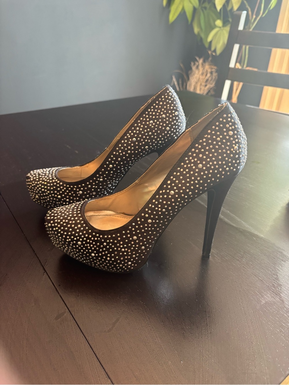 Black Rhinestone-Studded High Heel Pumps